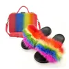 Neue Design Echt Fox Fell Hausschuhe frauen Plüsch Rutschen Angepasst Regenbogen Farbe Weibliche Mode Gelee Taschen Y200423