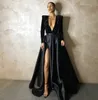 2022 Mörkgrön eleganta kvällsklänningar med långärmad Dubai Arabiska Sequins Satin Prom-kappor Party Dress Deep V-Neck High Split