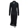 アジアブラックウィンタードレス女性ターンダウンカラーボタン長袖カジュアルドレスセクシーなMidi Dress Streetwear 210806