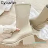 Cycuviva Kare ayak Kadınlar için Yağmur çizmeleri Tıknaz Topuk Kalın Taban Ayak Bileği Çizmeler Tasarımcı Chelsea Çizmeler Bayanlar Lastik Çizme Yağmur Ayakkabıları x