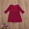 2020 1-5Y Boho enfants bébé filles robe couleur unie à manches longues tricoté poche a-ligne genou longueur robe automne robe d'été Q0716