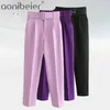 Aonibeier Za Mulher Carreira Calça Office Lady Traf Calças Retas Cinto Casual Tornozelo Comprimento Mulheres Calças Oem Feminino Terno Conjuntos 210915