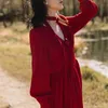 YOSIMI Red Women Dress Elegant Spring Summer Chiffon Mid-calf V-Neck Full Sleeve Fit and Flare Vintage Party 210604