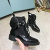 2021 الأعلى مصمم السيدات الشتاء محفظة الأحذية الأحذية النسائية مونوليث لامعة جلد نايلون نصف التمهيد الأزياء سميكة المطاط الوحيد دراجة نارية الجوارب الأحذية حجم 35-41