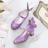 Girls leather Children's Sequin Butterfly High-heel Princess Sparkling With Light Dancing Shoes 210306