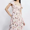 Dekolt w kształcie serca Kobiety Sukienka Single-Breasted Vintage Cartoon Zdjęcia Drukuj Vestidos Eleganckie sukienki 210531