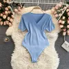 Solid Casual V Neck Fitness Rompers Women bodysuit Short Sleeve Regular Jumpsuit Fashion Streetwear Outfits Style 210715