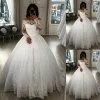 2022 Ballkleid-Hochzeitskleider mit langen Ärmeln, schulterfrei, überbackener Ausschnitt, Spitze, Applikation, Tüll, Satin, bodenlang, nach Maß, Castle-Kleid für Hochzeit