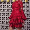 Casual jurken sondr vintage rode kant jurk vrouwelijke bladerdeeg lange mouw hoge taille holle vrouwen elegante mode 2022 lente zomer