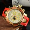 Red color mens watch all functional subdial work quartz movement watches chronograph rubber strap cartoon dial stainless steel case splash waterproof clock