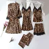 Summer New 5 Pcs Set Women Pyjama Satin High Quality Sexy Leopard Sleepwear With Chest Pad Pajamas X0526