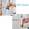 Rozin Led Light Keukenkraan Rose Gold LED Pull Down Lente Keuken Kranen Dubbele Swivel Spout Crane Cold Water Mixer Taps 210724