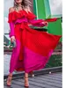 Deat Primavera de Manga Longa Slash Neck Strapless Vermelho Fuchsia Patchwork Cintura Alta Ruffles Maxi Dress Mulheres MH896 210709