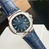 Hoge Kwaliteit 40mm 5711 Sporthorloges Miyota 8215 Automatische Herenhorloge Silver Case Blue Textured Dial Blue Lederen Strap Heren Horloges