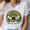 Camiseta de mujer, camisetas de mujer, camiseta de manga corta con dibujo de abeja y girasol de dibujos animados, camiseta de manga corta con estampado elegante a la moda