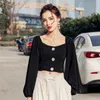 Short Tops Puff Sleeve Blouse Women OL Work Wear Square Collar Fashion Zipper Up Shirts Ladies Vintage Office Blusa Girls 210601