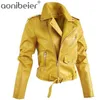 人工皮革ジャケット秋の通り短い洗浄PUジャケットジッパー基本スリムフィット女性コート210604