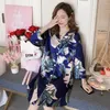 Summer Autumn Silk Womens Sleepwear Sexy Sleepshirt Long Print Ladies Nightgown Young Girl Outwear Nightdress Party