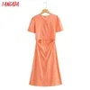 Tangada Summer Women French Style Orange Linen Sukienka Puff Krótki Rękaw Damski Backless Midi Sukienka Vestidos Yi31 210609