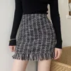 Colorfaith Spring Summer Women Woolen Mini Skirt In A Cage Vintage Plaid Tassel Skater High Waist Checkered Skirt SK5583 210315