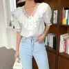 Elegante Laço V-Neck Mulheres Blusa Coreano Chic Ruffle Patchwork Camisa Causal Spruff Sleeve Summer Top Blusas 6H635 210603