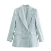 Stylish Chic Blue Tweed Jacket Women Fashion Turn-down Collar Double Breasted Pockets Coat Female Casual Outerwear 210818