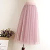Tulle Skirts Womens Midi Pleated Black Pink Women Spring Summer Korean Elastic High Waist Mesh Tutu 210619
