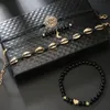Lien, chaîne 4pcs / set bracelet femmes creux fleur perle lune coquille pendentif bijoux bracelets perlés bracelets ensemble boho
