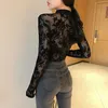 Ny design kvinnors stativ krage perspektiv GASE LACE Lång ärm Sexig Cheongsam-stil t-shirt plus storlek toppar SML274U