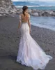 Luxury Lace Wedding Dresses Long Sleeves Appliques Bridal Gowns Custom Made Button Back Sweep Train Mermaid Wedding Dress