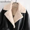 女性のファッション厚い冬のベルト粒穀物の革のジャケットコートビンテージ長袖の女性の上着シックなトップ210604