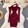 Beiyingni Frau Sexy Club Bodycon Kurze Kleider Pullover Aus Schulter Herbst Winter Gestrickte Kleid Frauen Einfarbig Vintage Roben Y1204