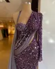 Purple Sequined Mermaid Evening Dresses Beads Halter One Shoulder Long Sleeves Prom Dress With Wrap Formal Party Gowns Custom Made Robe de mariée