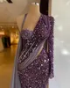 Roxo lantejouless sereia vestidos de noite vestidos halter uma ombro mangas compridas vestido de baile com envoltório vestidos de festa formal feitos sob encomenda de mariée