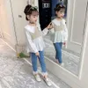 Çocuk Giysileri Ekose Bluz + Kot Kız Giyim Dantel Çiçek Genç Casual Stil Için Çocuk Takım Elbise 210528
