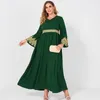 Vår Höst Kvinnors Fashion Green V-Neck Lace Stitching Long Bankett Elegant Slim Flared Långärmad Party Maxi Robes 4xl 210730