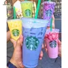 Klar att skicka återanvändbar Starbucks Tumbler Color Changing Confetti Cold Cup Rainbow Straw med lock Plastic Cup Cynt