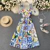 Mode-startbaan Zomerjurk 2021 Nieuwe Dames Bow Spaghetti Riem Backless Blue and White Porselein Floral Print Long Dress 210316