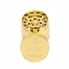 Metal grinder with 4 layers of gold coin pattern High Quality smoking accessory Golden zinc alloy Manual smoke grinders WLL209