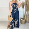 Kvinnor Mode Elegant Ärmlös Partywear Jumpsuits Overaller Formell Party Romper Print Halter Slit Wide-Legs Party Jumpsuit 210716