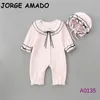 Höst Baby Girl Romper Black Bow Pink Långärmad Prinsessan Oavsett Wiht Cap Born Kläder 0-2Y E0135 210610