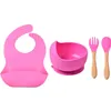 SUCTION Baby Bib+Bowl Spoon Fork Silikon Tabeller Border Barn Trähandtag Silikonsked Bowl Kids Silikon Matningsskålen