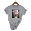 T-shirt das mulheres moda nordic arte sexy flores cor-de-rosa harajuku estética camiseta mulheres vintage manga curta plus tamanho algodão top tees rua