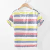 男性Tシャツストライプ半袖ティー100％純粋なリネンOネックトップスマーカジュアルトレンドTシャツ男性ファッション服210601