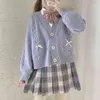 Anbenser Spring Japonia Kawaii Fashion Pink Cardigan Kobiety Vintage Crop Sweter Cute Bow Heart Koreański JK School Coat 211218