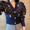 Women's Knits & Tees Neploe Korean Sweaters For Women Cartoon Knitted Cropped Cardigan Tops Pull Femme V-neck Puff Sleeve Plaid Sweet