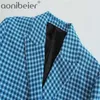チェック短いジャケット春秋の女性長袖シングルボタンクロップドブレザーオフィスレディパート柄スーツコート210604