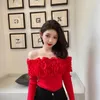 Autumn new design women's sexy 3D flower patchwork slash neck off shoulder knitted bodycon tunic shirt tops tees