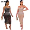 Cm.Yaya Mesh Se även Hot Rhinestones Plunge V-Neck Midi Bodycon Dress For Women Sexy Club Party Dresses Pencil Vestidos 210303