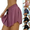 Mujeres Verano 2 en 1 Maratón Pantalones cortos de gimnasio con forro plisado Flowy Split Cordón Cintura suelta Deporte Leggings 210611